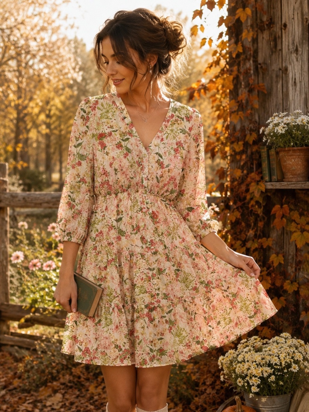 Taylor Floral Tiered Midi Dress V-Neck Puff Sleeve Feminine Cottagecore